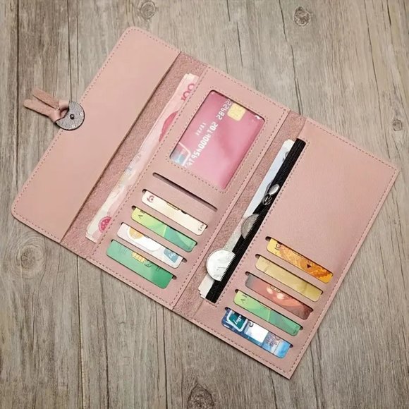 Pink Foldable Long Wallet, Mobile Phone Bag, Snap Button Purse With Card Slots - Picture 3 of 3